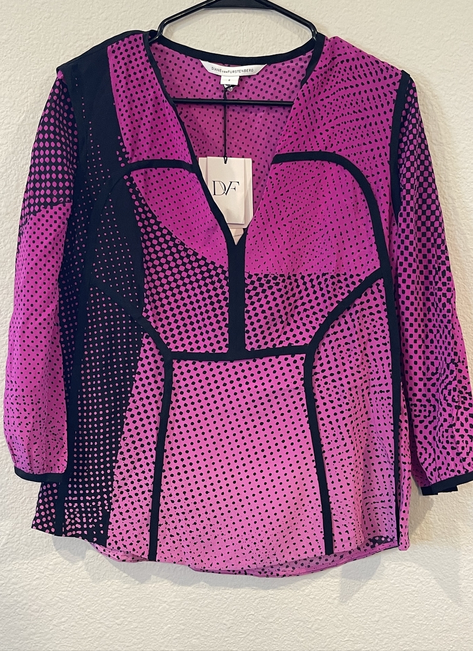 NWT Diane Vone Furstenberg Vintage Y2K Silk Speckle Wave Pink Black LS Blouse 6